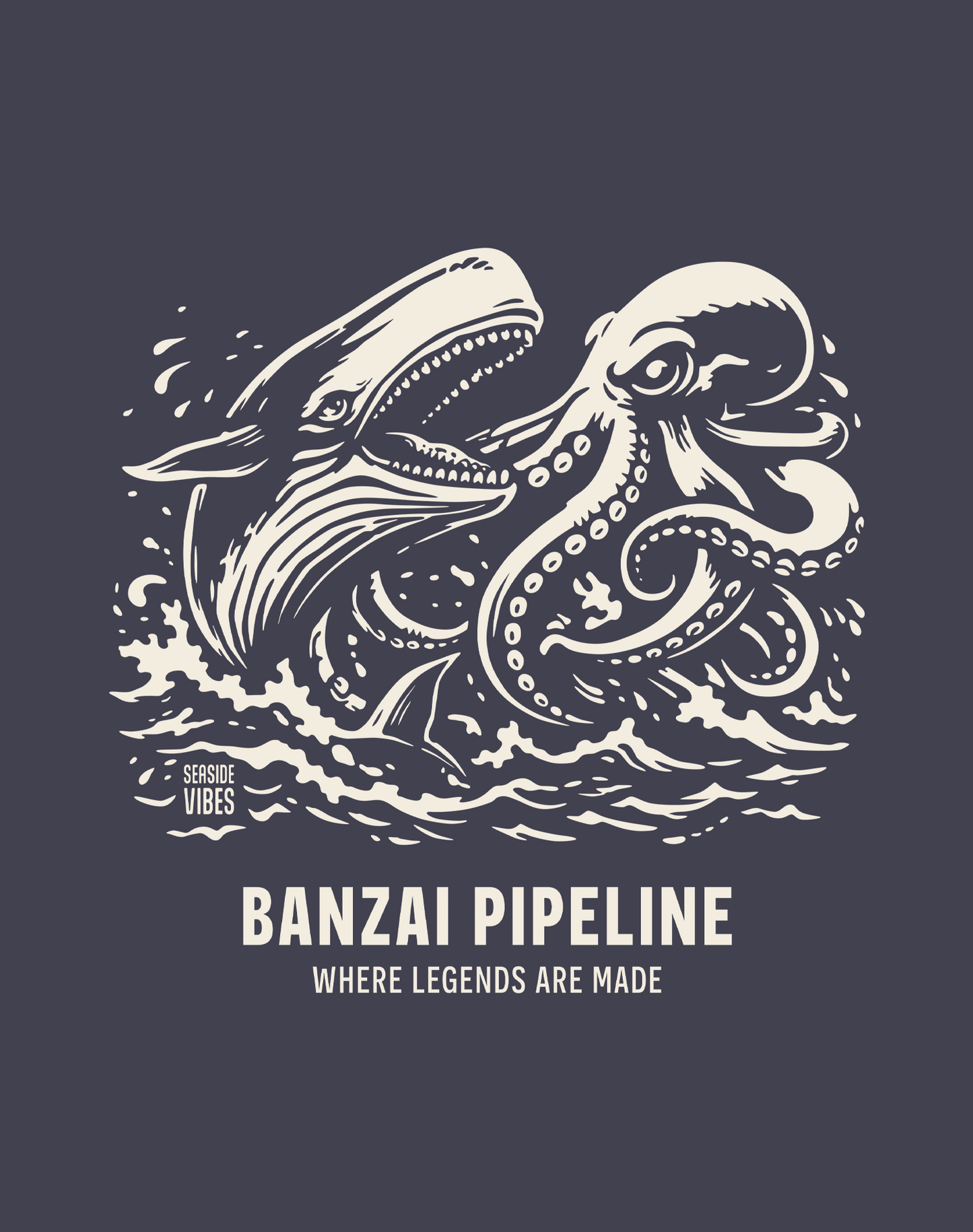 Unisex: Banzai Pipeline Octopus vs Whale Legends Tee - 100% Cotton | Navy