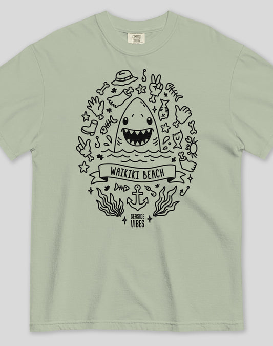 Unisex: Waikiki Beach Shark Attack! Tee - 100% Cotton | Bay