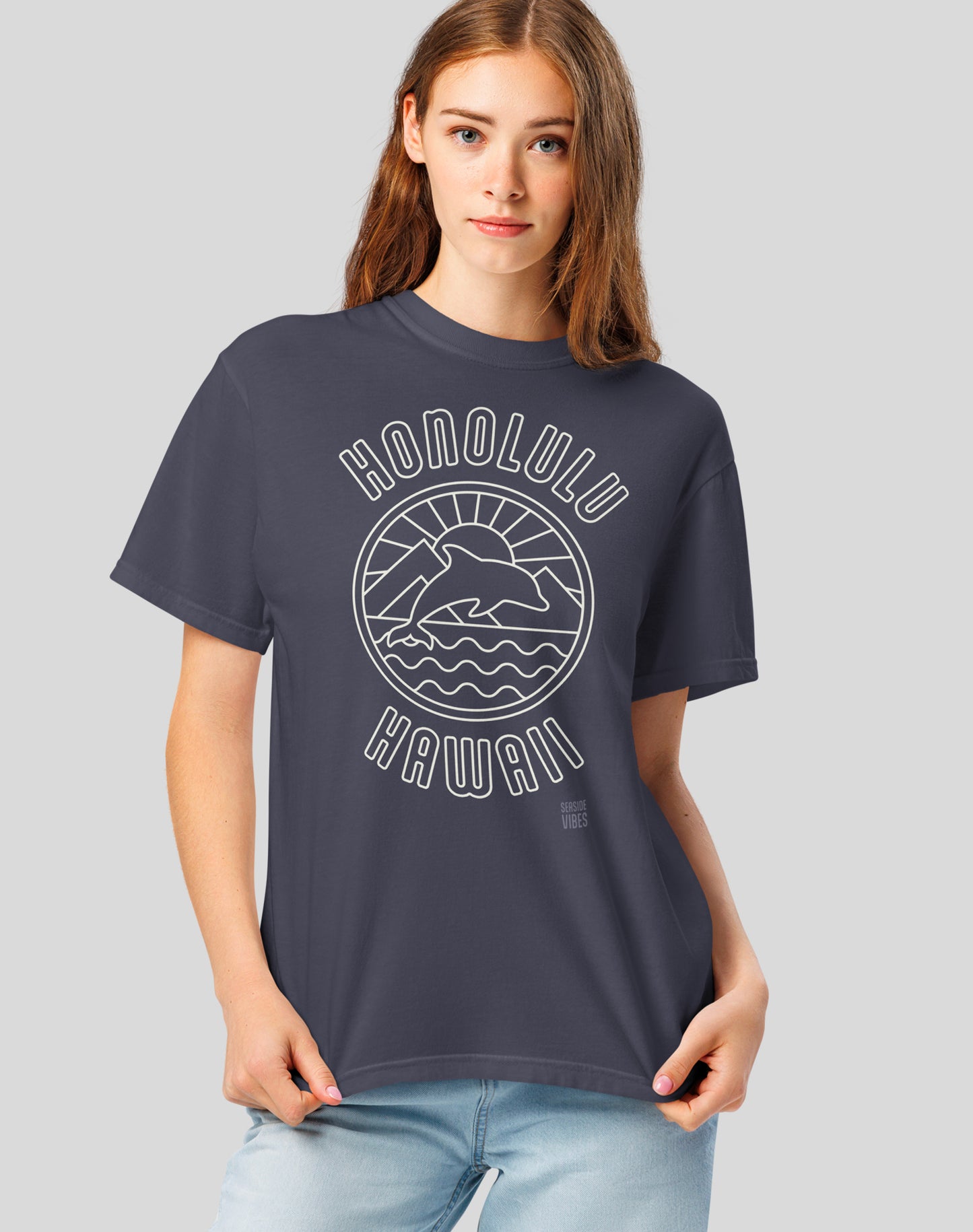Unisex: Honolulu Dolphin Sunset Tee- 100% Cotton | Navy