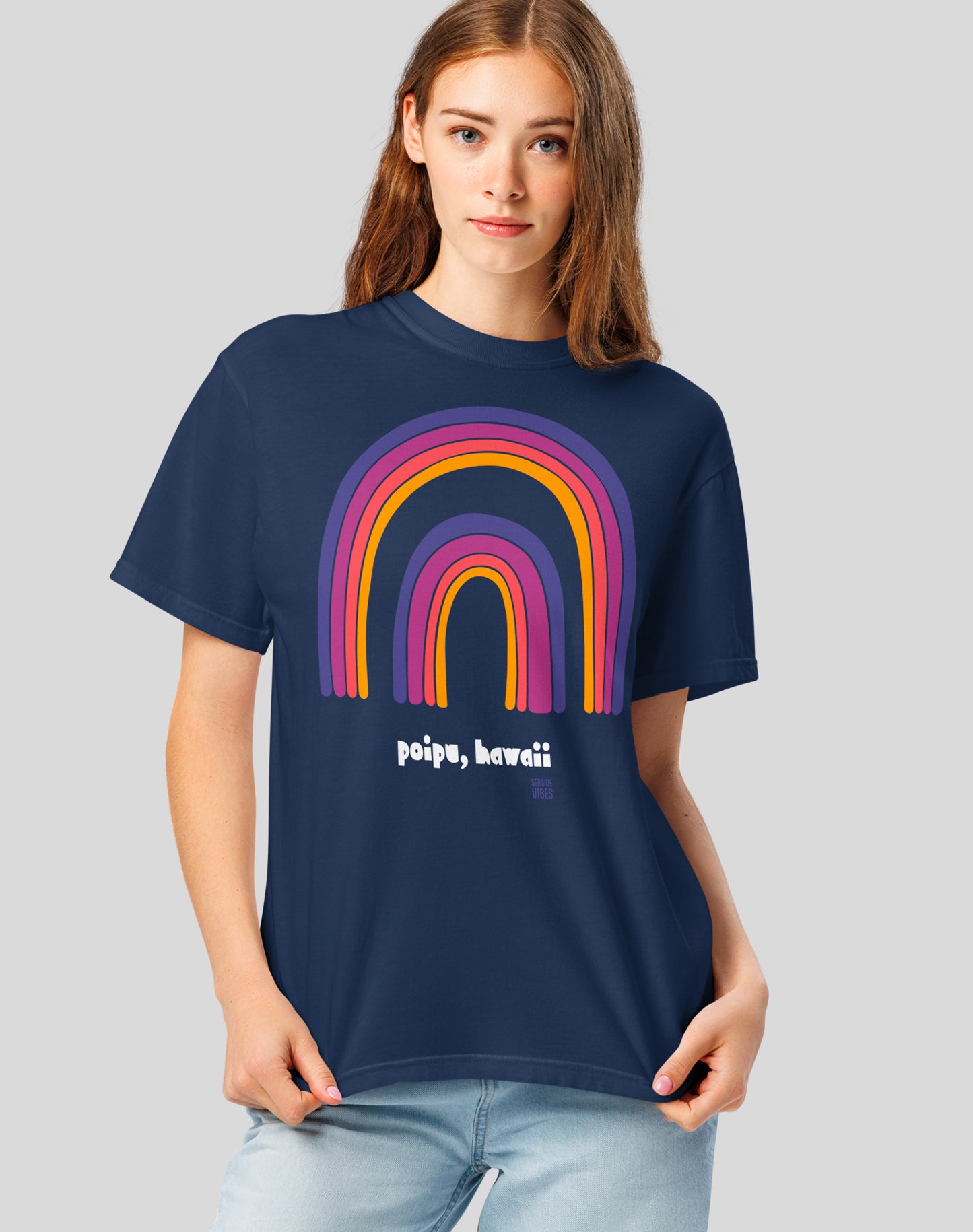 Unisex: Poipu Double Rainbow Tee - 100% Cotton | True Navy