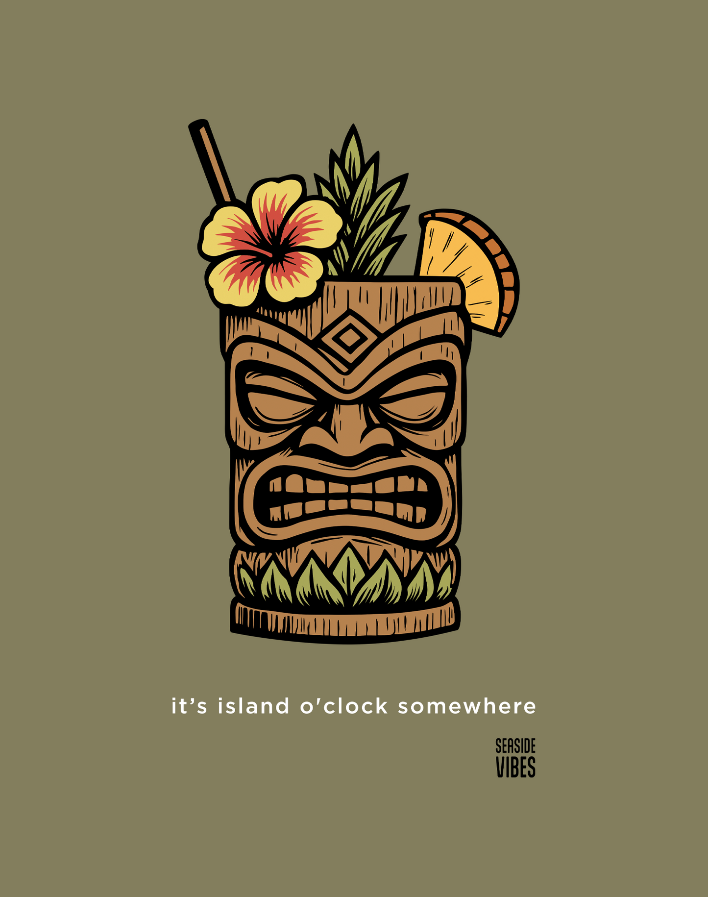 Hawaii Tiki Island O'Clock Tee - Cotton Blend | Military Green