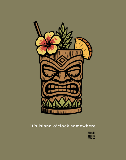 Hawaii Tiki Island O'Clock Tee - Cotton Blend | Military Green