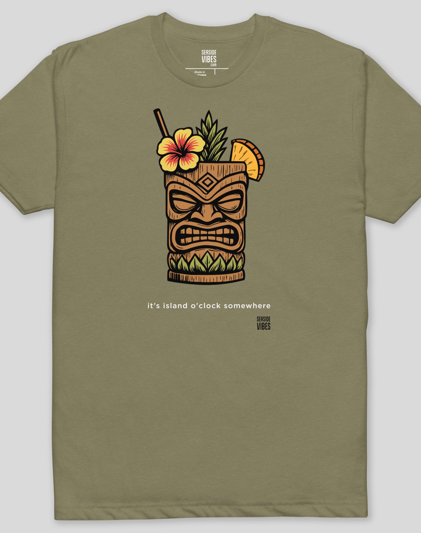 Hawaii Tiki Island O'Clock Tee - Cotton Blend | Military Green