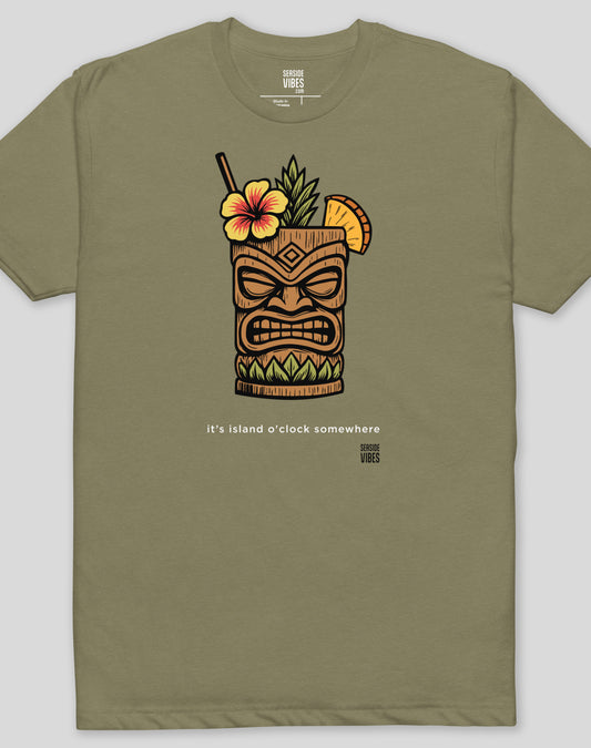 Hawaii Tiki Island O'Clock Tee - Cotton Blend | Military Green