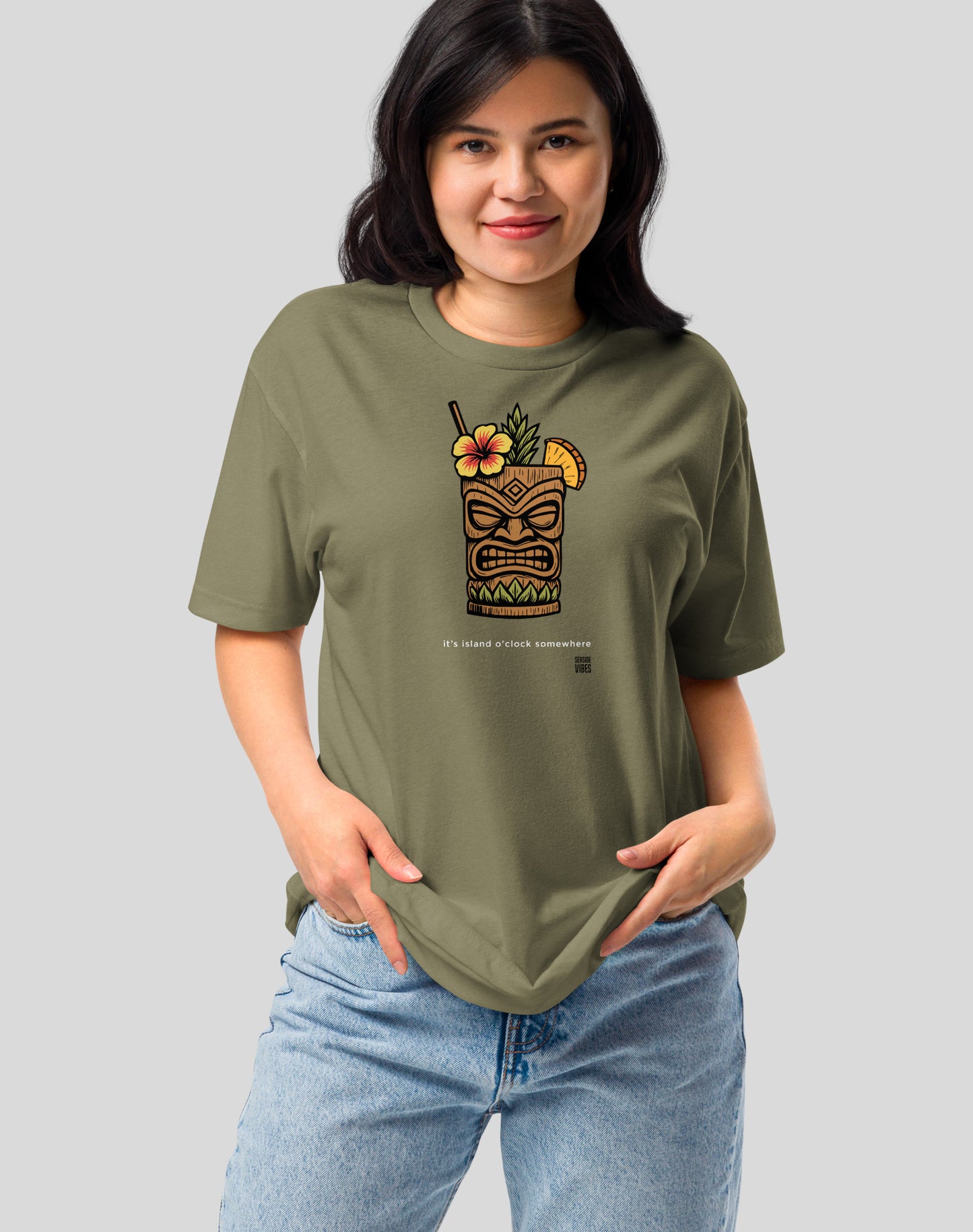 Hawaii Tiki Island O'Clock Tee - Cotton Blend | Military Green