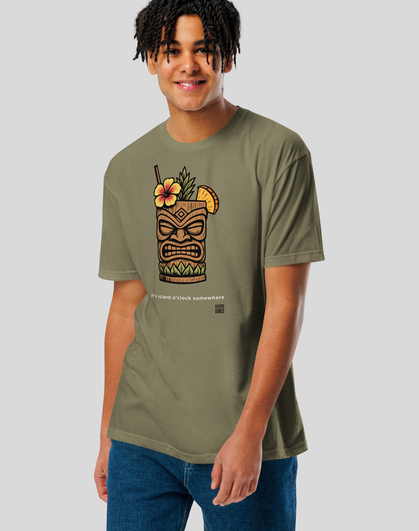 Hawaii Tiki Island O'Clock Tee - Cotton Blend | Military Green