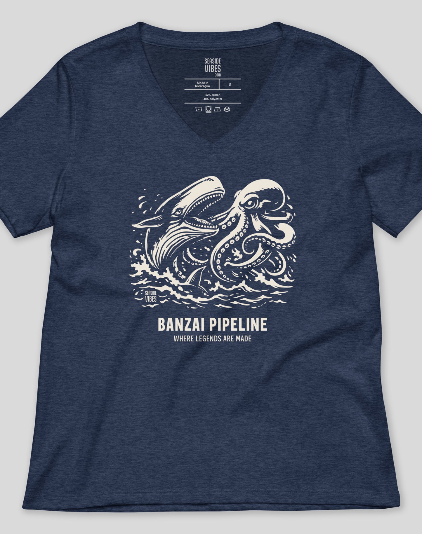 V-Neck: Banzai Pipeline Octopus vs Whale Legends Tee - Heather Navy
