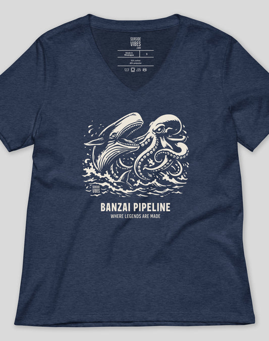 V-Neck: Banzai Pipeline Octopus vs Whale Legends Tee - Heather Navy