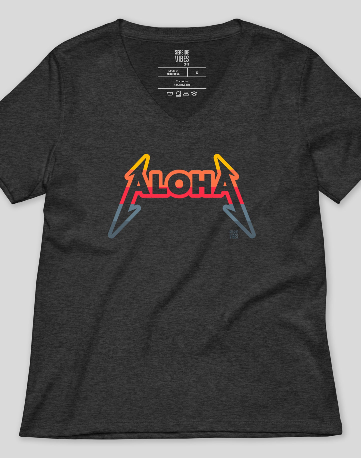 V-Neck: Aloha Rocks Sunset Tee - Dark Grey Heather