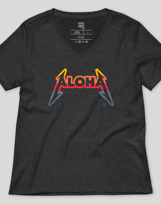 V-Neck: Aloha Rocks Sunset Tee - Dark Grey Heather