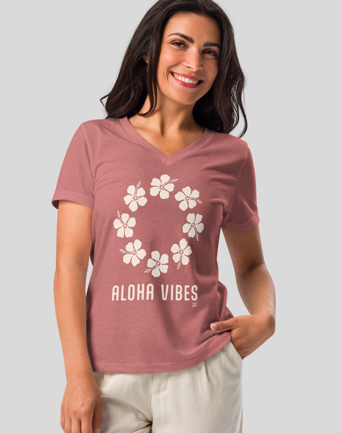 V-Neck: Aloha Vibes Tee - Heather Mauve