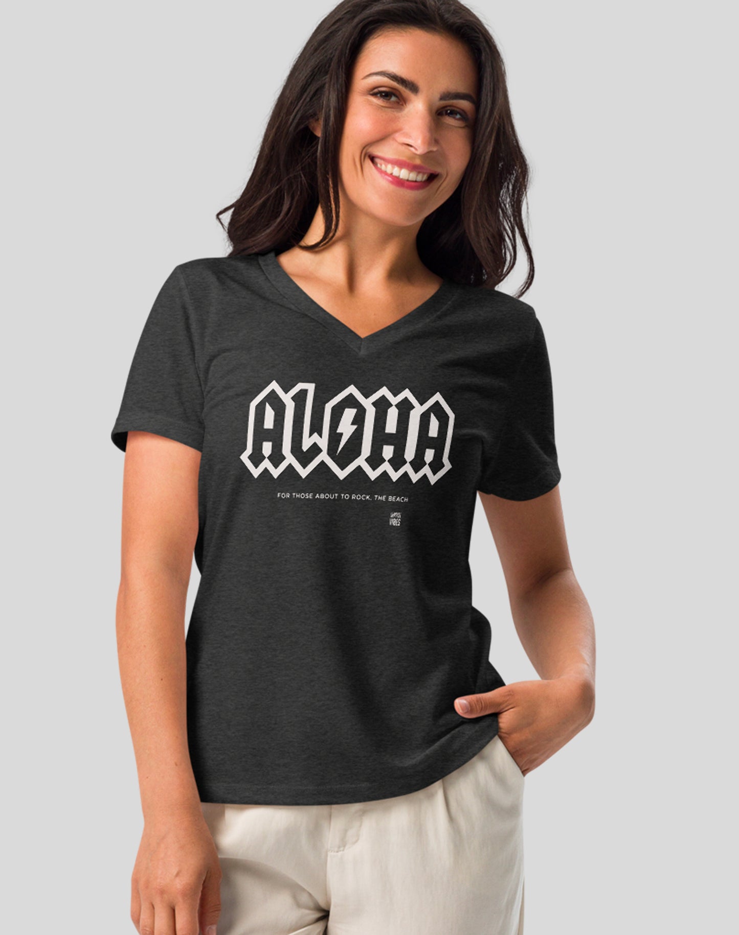 V-Neck: Aloha Rocks Tee - Dark Grey Heather