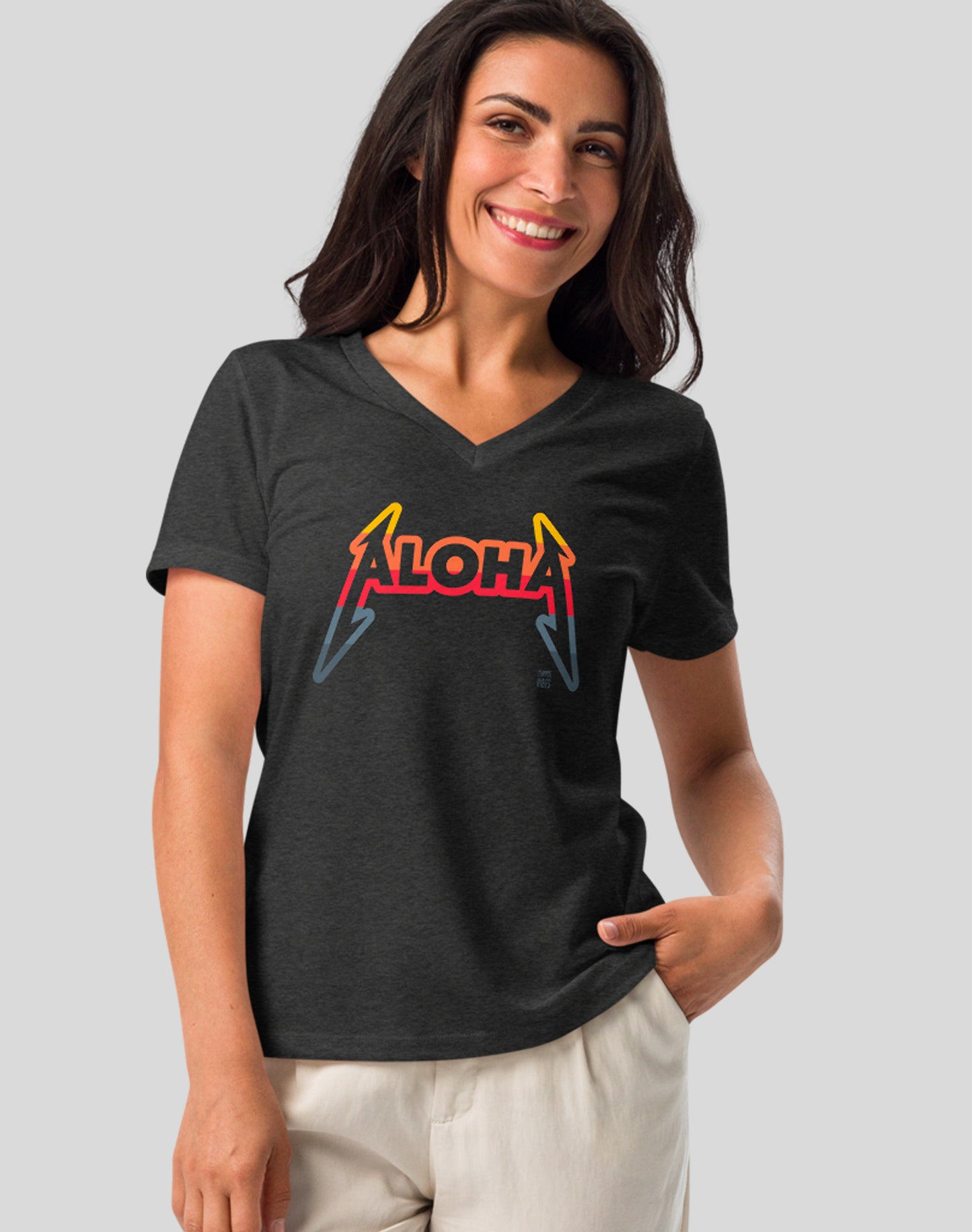 V-Neck: Aloha Rocks Sunset Tee - Dark Grey Heather