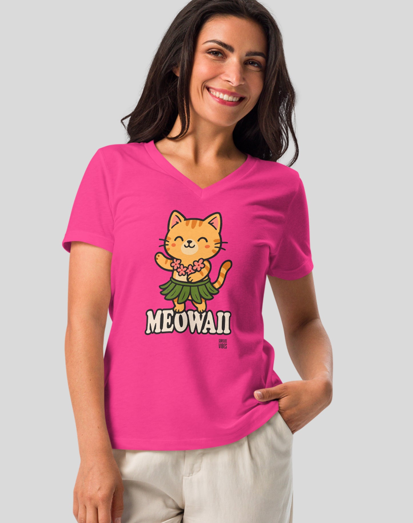 V-Neck: Meowaii Tee - Berry