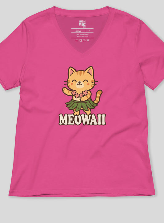 V-Neck: Meowaii Tee - Berry