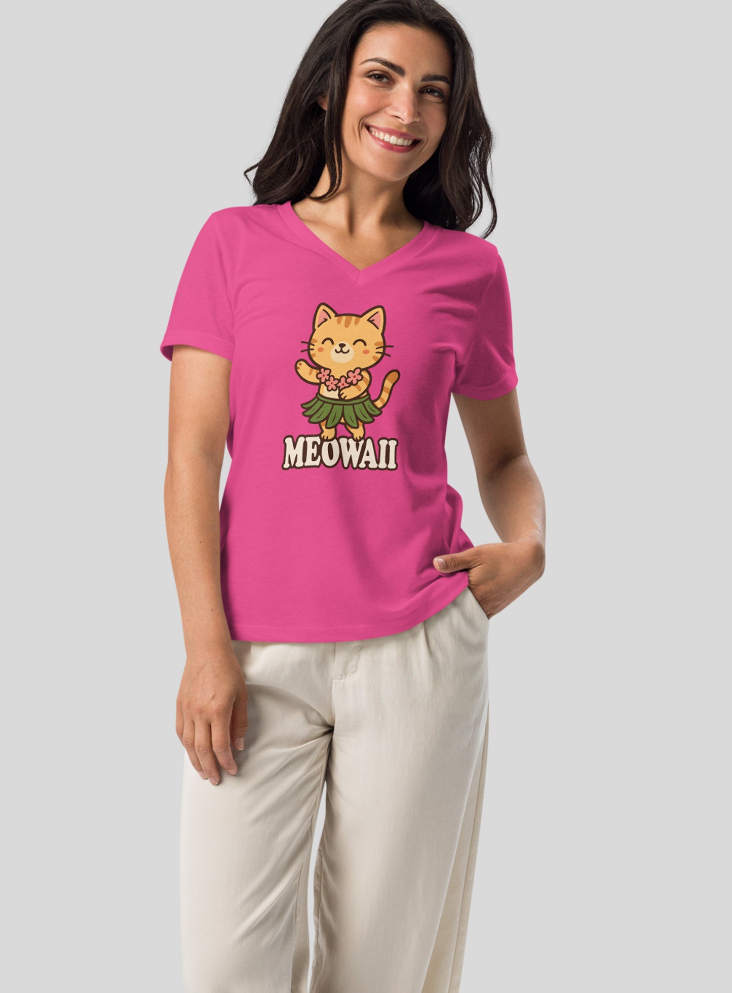 V-Neck: Meowaii Tee - Berry
