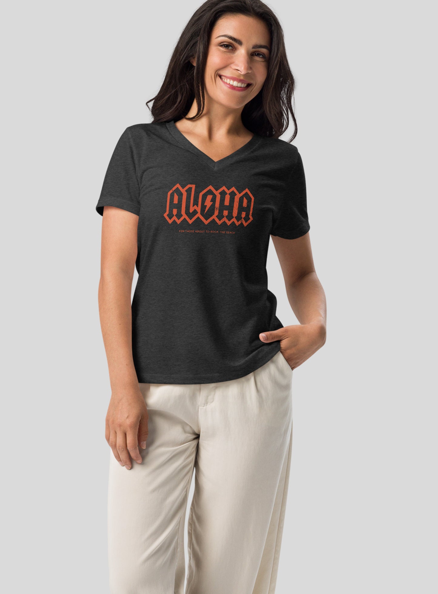 V-Neck: Aloha Rocks Tee - Dark Grey Heather
