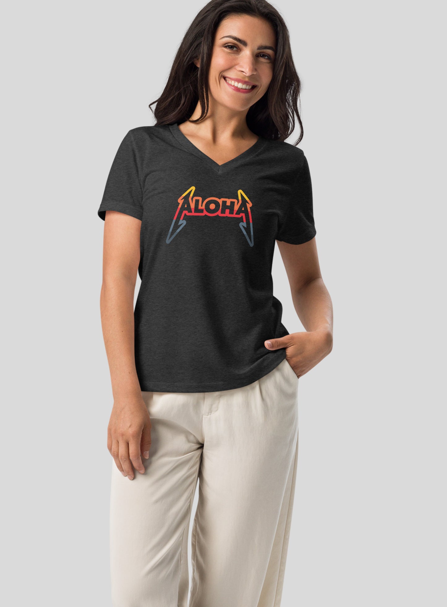 V-Neck: Aloha Rocks Sunset Tee - Dark Grey Heather
