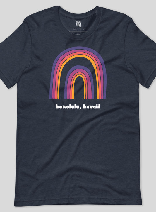Unisex: Honolulu Double Rainbow Tee - Heather Navy