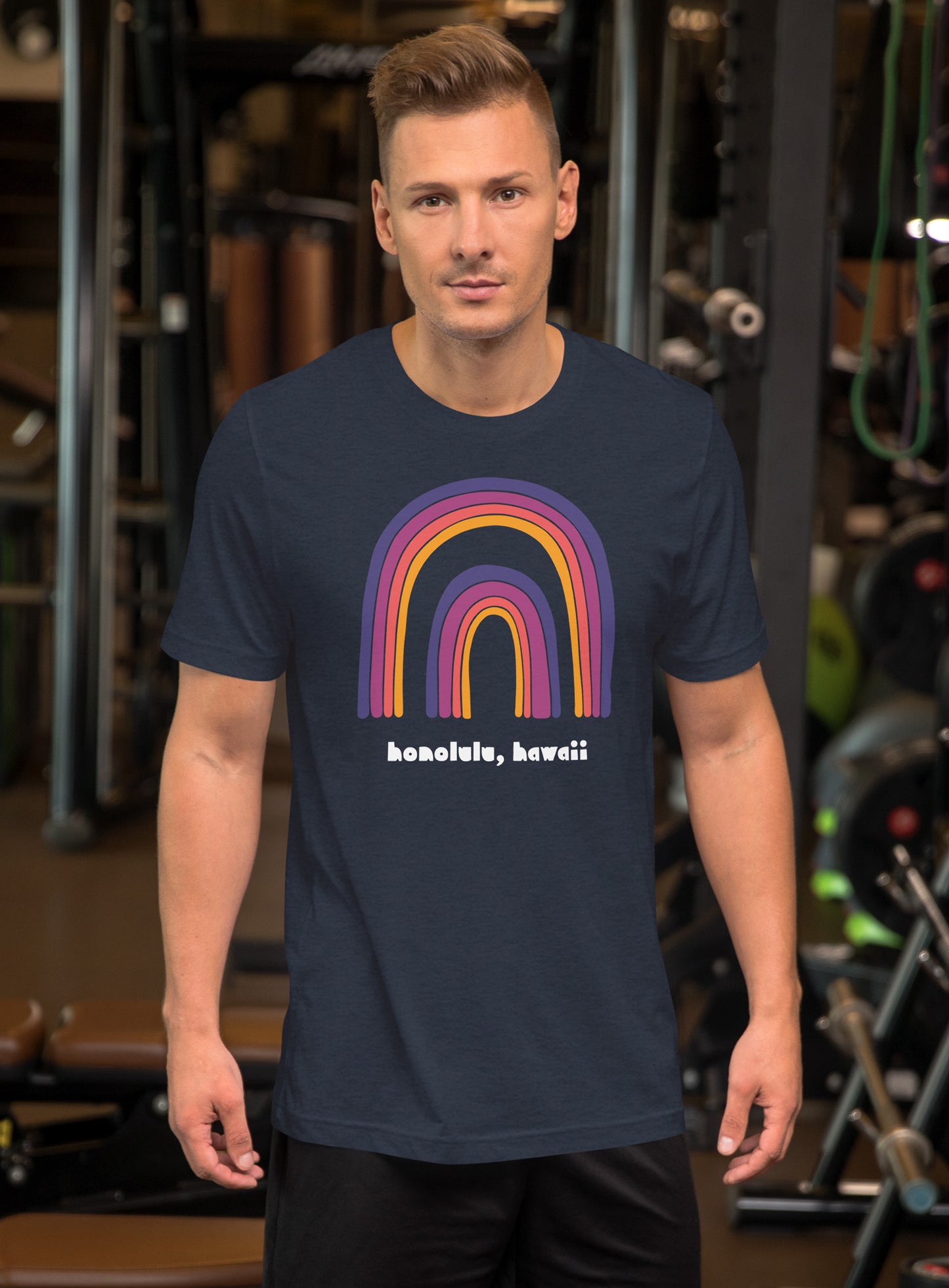 Unisex: Honolulu Double Rainbow Tee - Heather Navy