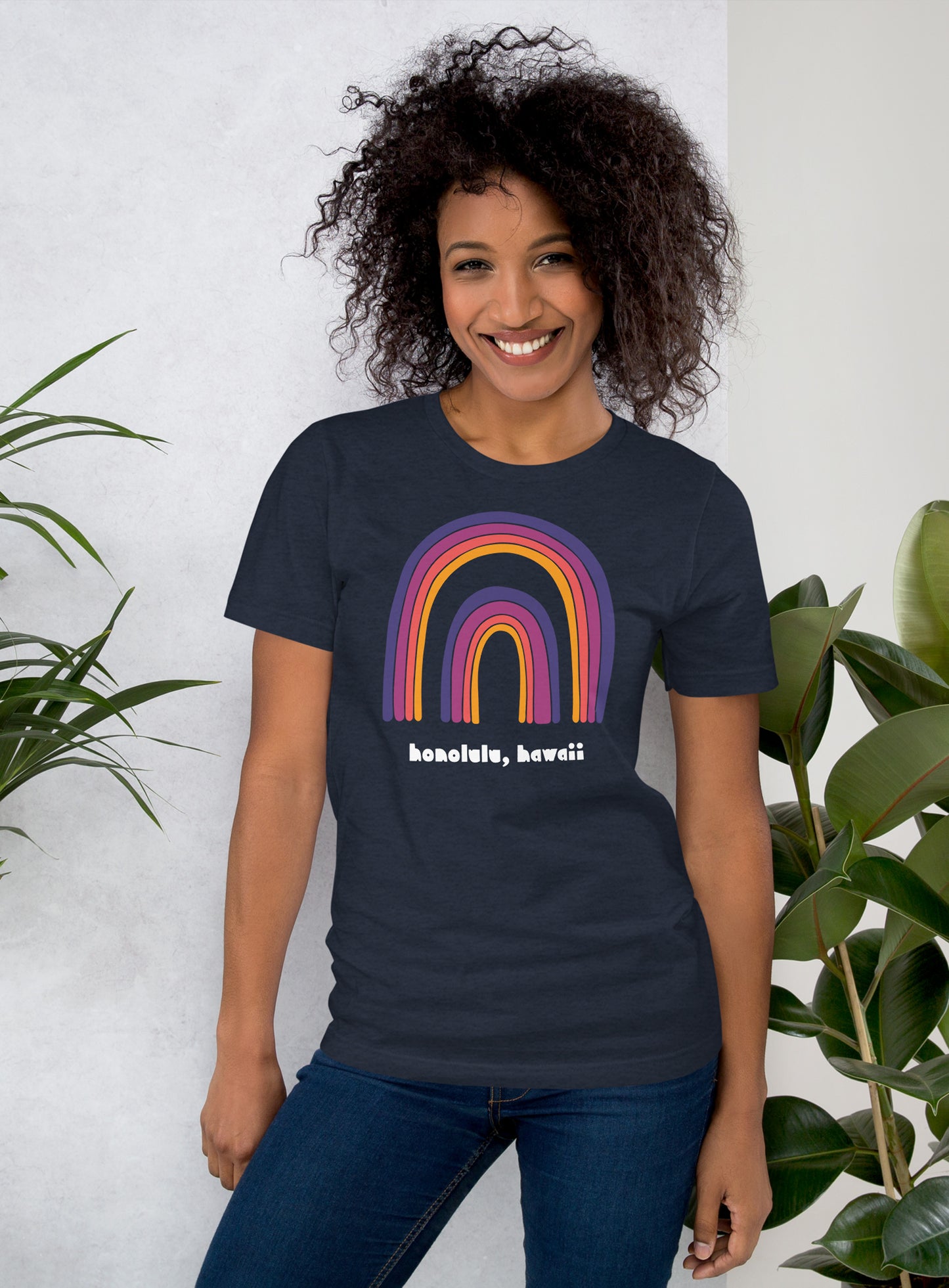 Unisex: Honolulu Double Rainbow Tee - Heather Navy