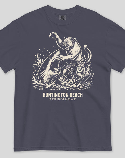Unisex: Huntington Beach Shark vs Mountain Lion Legends Tee - 100% Cotton | Navy
