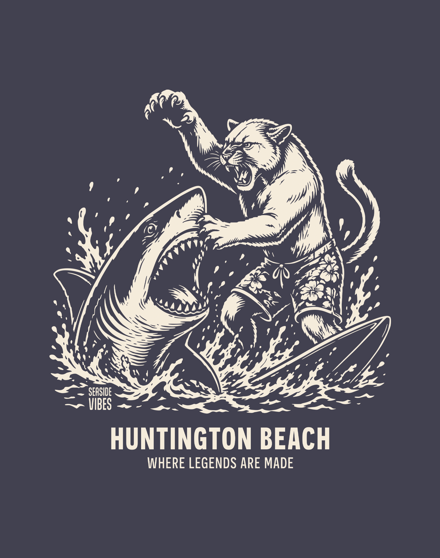 Unisex: Huntington Beach Shark vs Mountain Lion Legends Tee - 100% Cotton | Navy