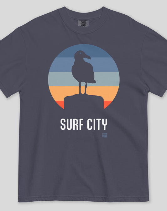 Unisex: Surf City Seagull Tee - 100% Cotton | Navy