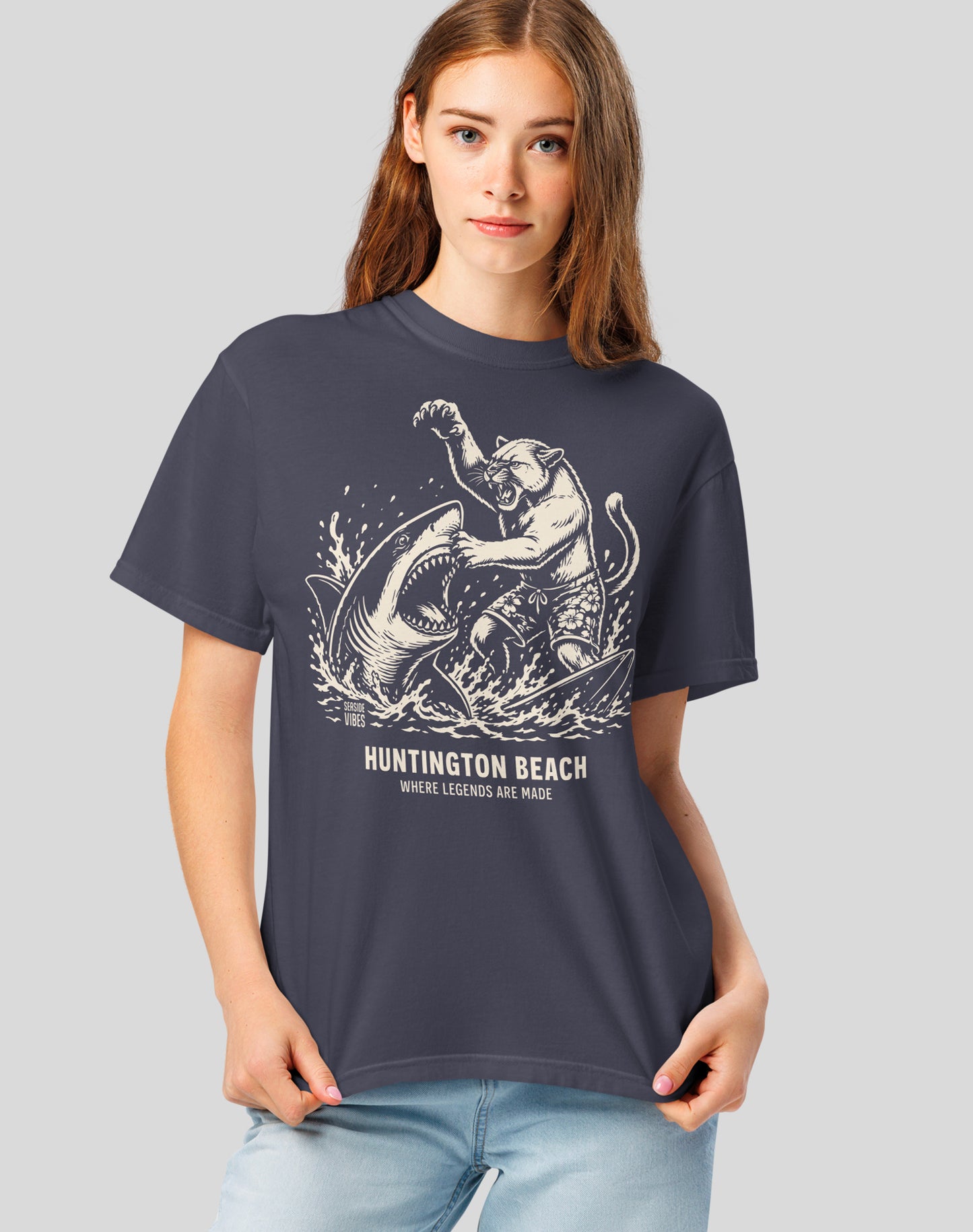 Unisex: Huntington Beach Shark vs Mountain Lion Legends Tee - 100% Cotton | Navy