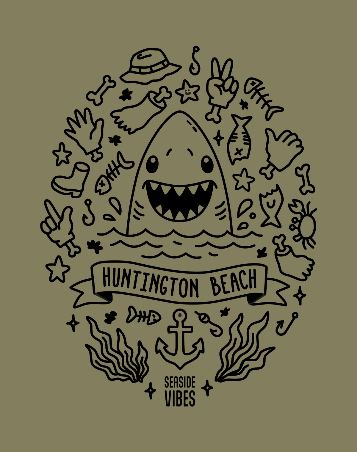 Huntington Beach Shark Attack! Tee - Cotton Blend | Military Green