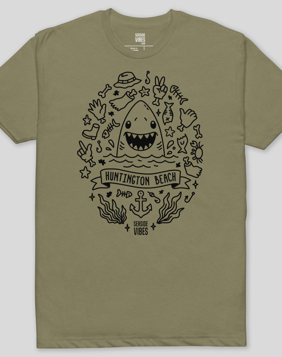 Huntington Beach Shark Attack! Tee - Cotton Blend | Military Green