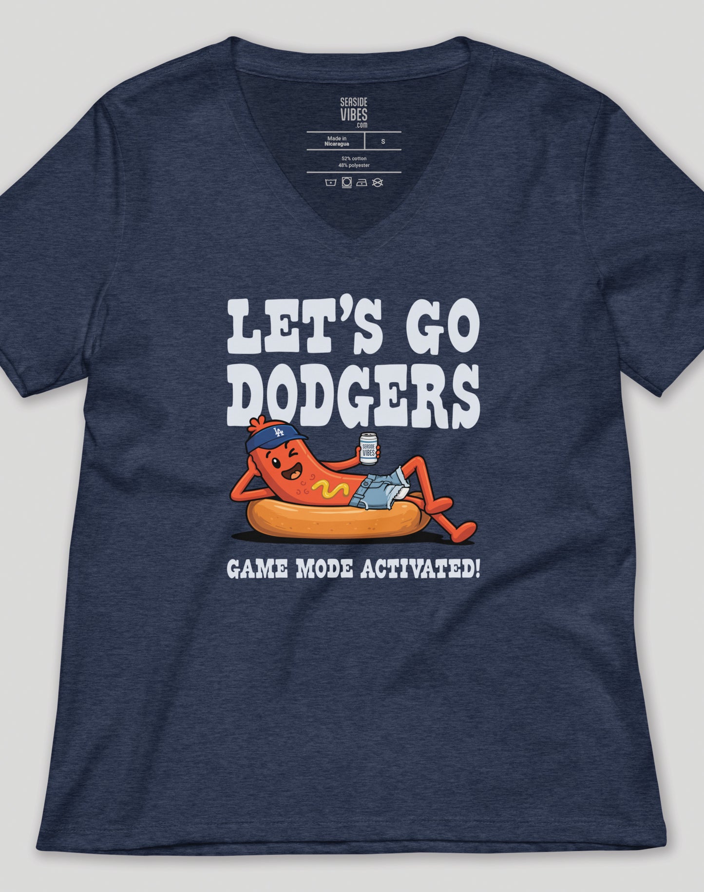 V-Neck: Let's Go Dodgers, Game Mode Activated! Tee - Heather Navy