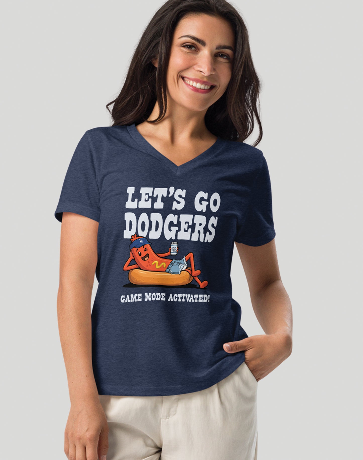 V-Neck: Let's Go Dodgers, Game Mode Activated! Tee - Heather Navy