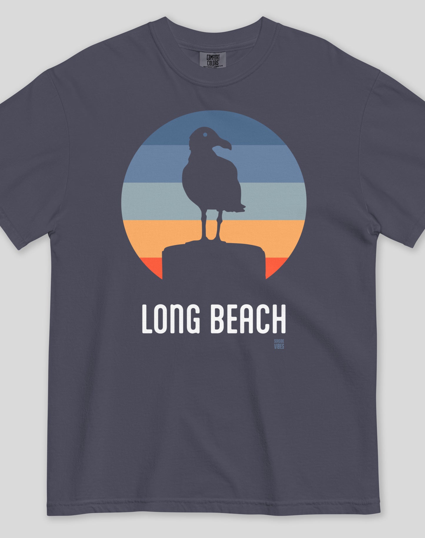 Unisex: Long Beach Seagull Sunset Tee - 100% Cotton | Navy