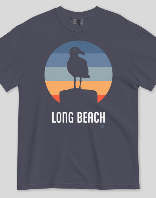 Unisex: Long Beach Seagull Sunset Tee - 100% Cotton | Navy