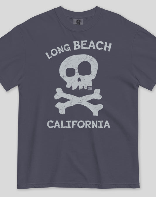 Unisex: Long Beach Skull & Bones Tee - 100% Cotton | Navy