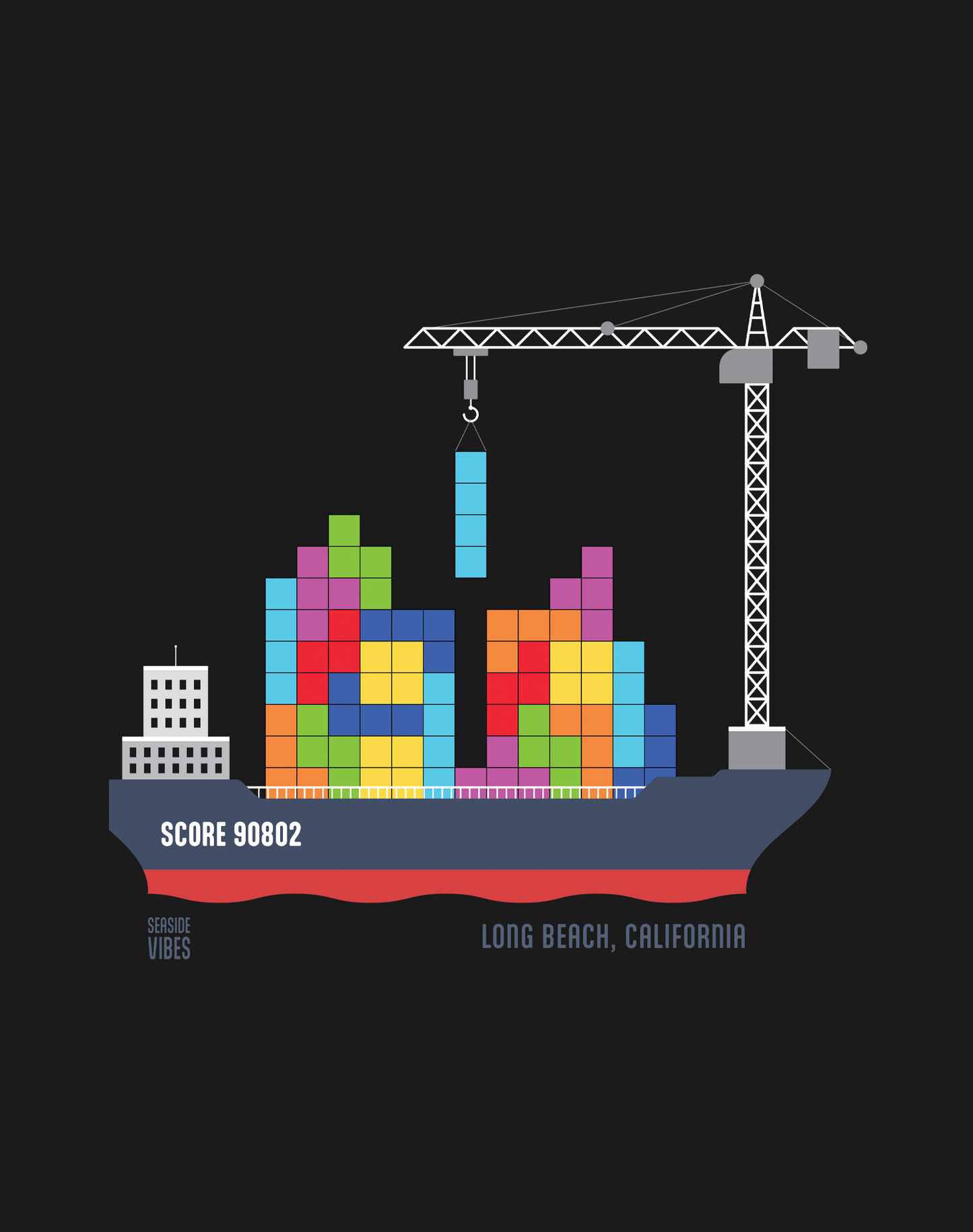 Unisex: Long Beach Tetris Container Ship Tee - 100% Cotton | Black