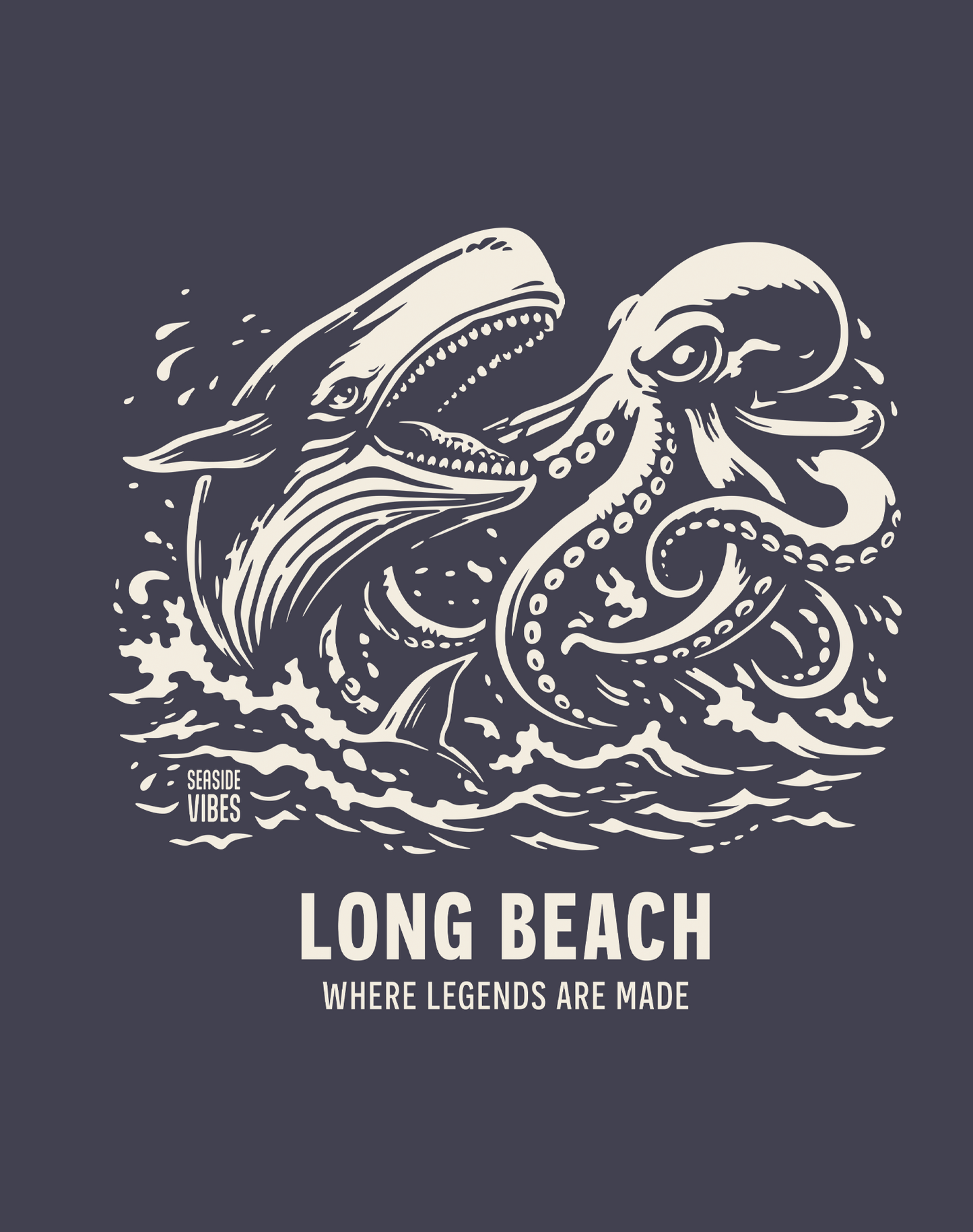Long Beach Octopus vs Whale Legends Tee - Premium 100% Cotton | Navy