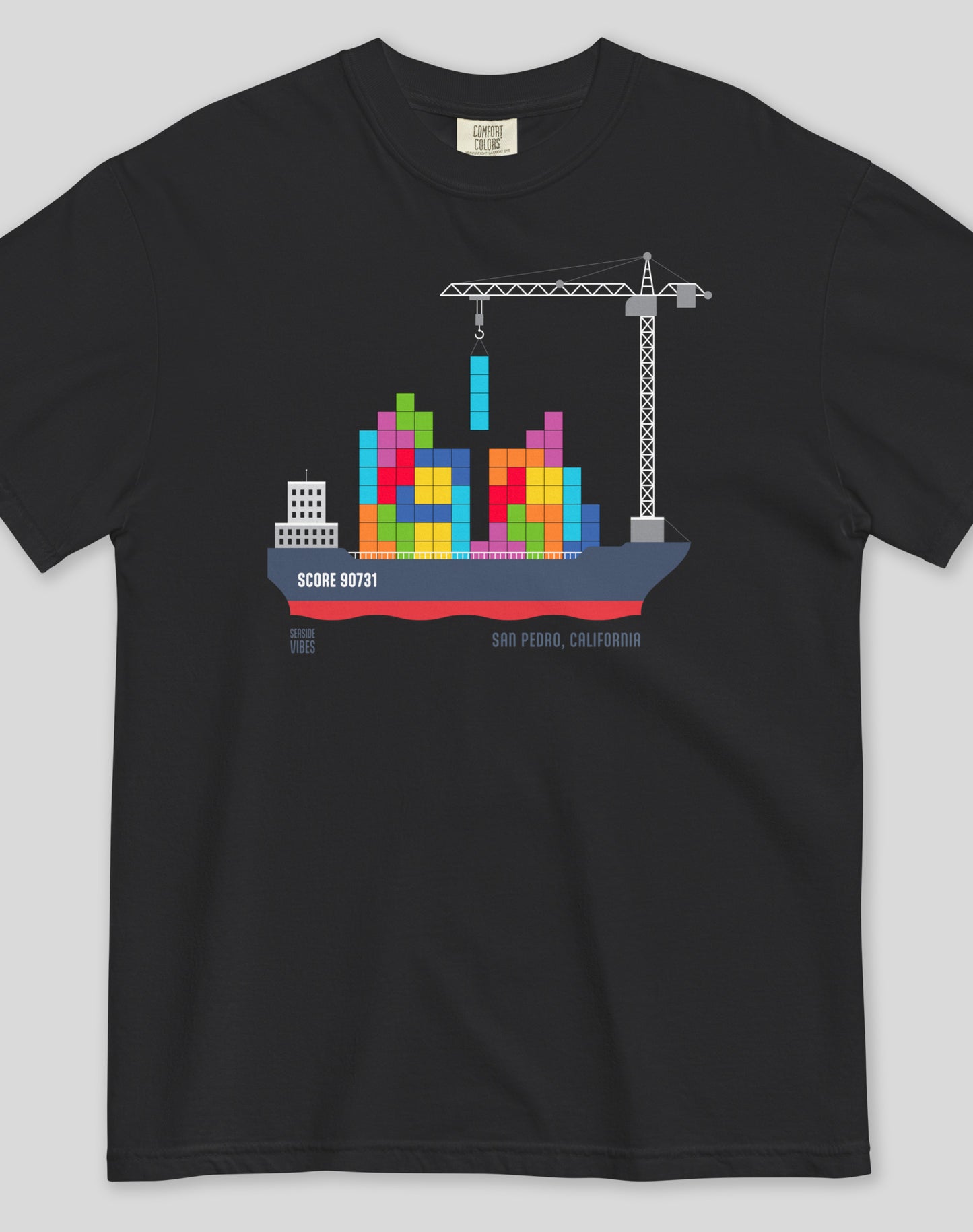 Unisex: Long Beach Tetris Container Ship Tee - 100% Cotton | Black