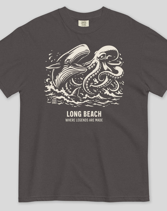 Unisex: Long Beach Octopus vs Whale Legends Tee - 100% Cotton | Graphite