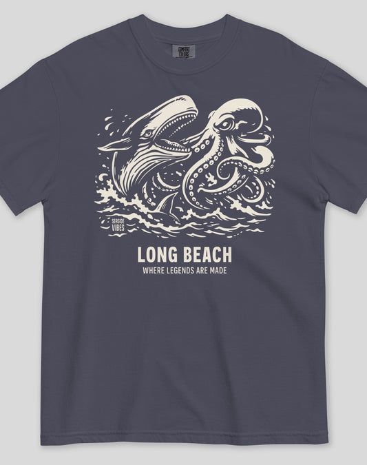 Unisex: Long Beach Octopus vs Whale Legends Tee - 100% Cotton | Navy