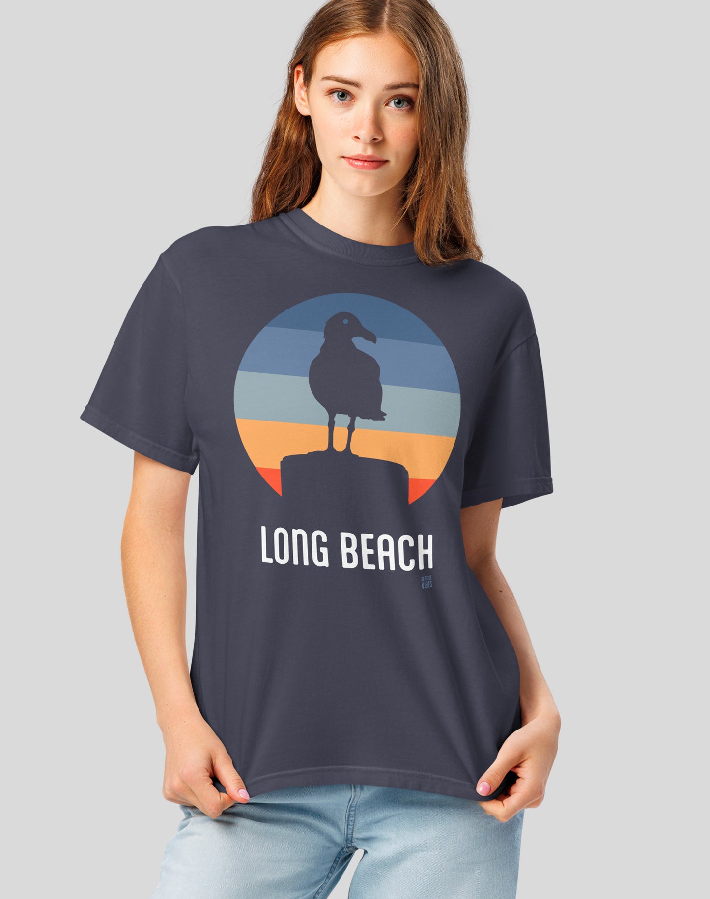 Unisex: Long Beach Seagull Sunset Tee - 100% Cotton | Navy