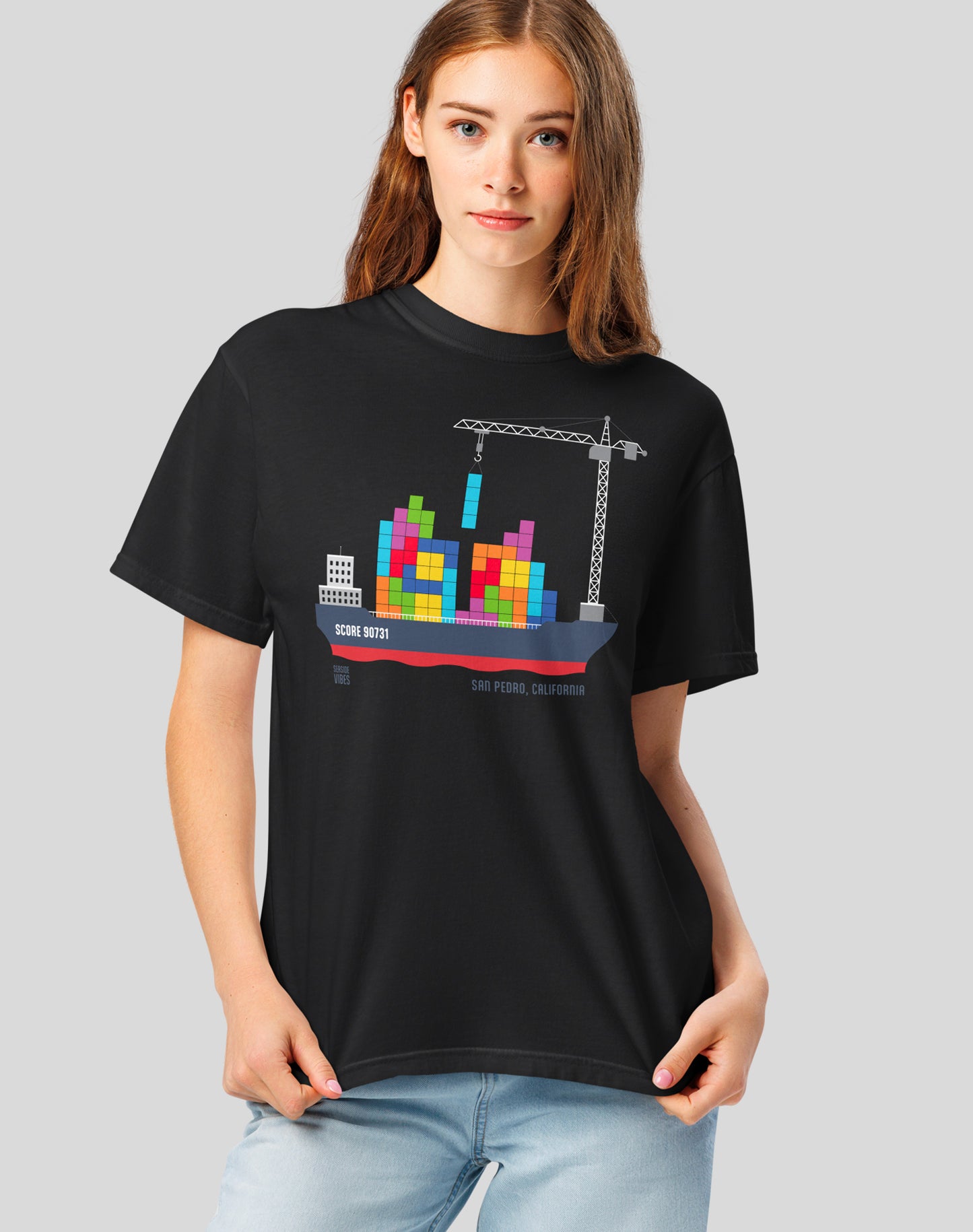 Unisex: Long Beach Tetris Container Ship Tee - 100% Cotton | Black