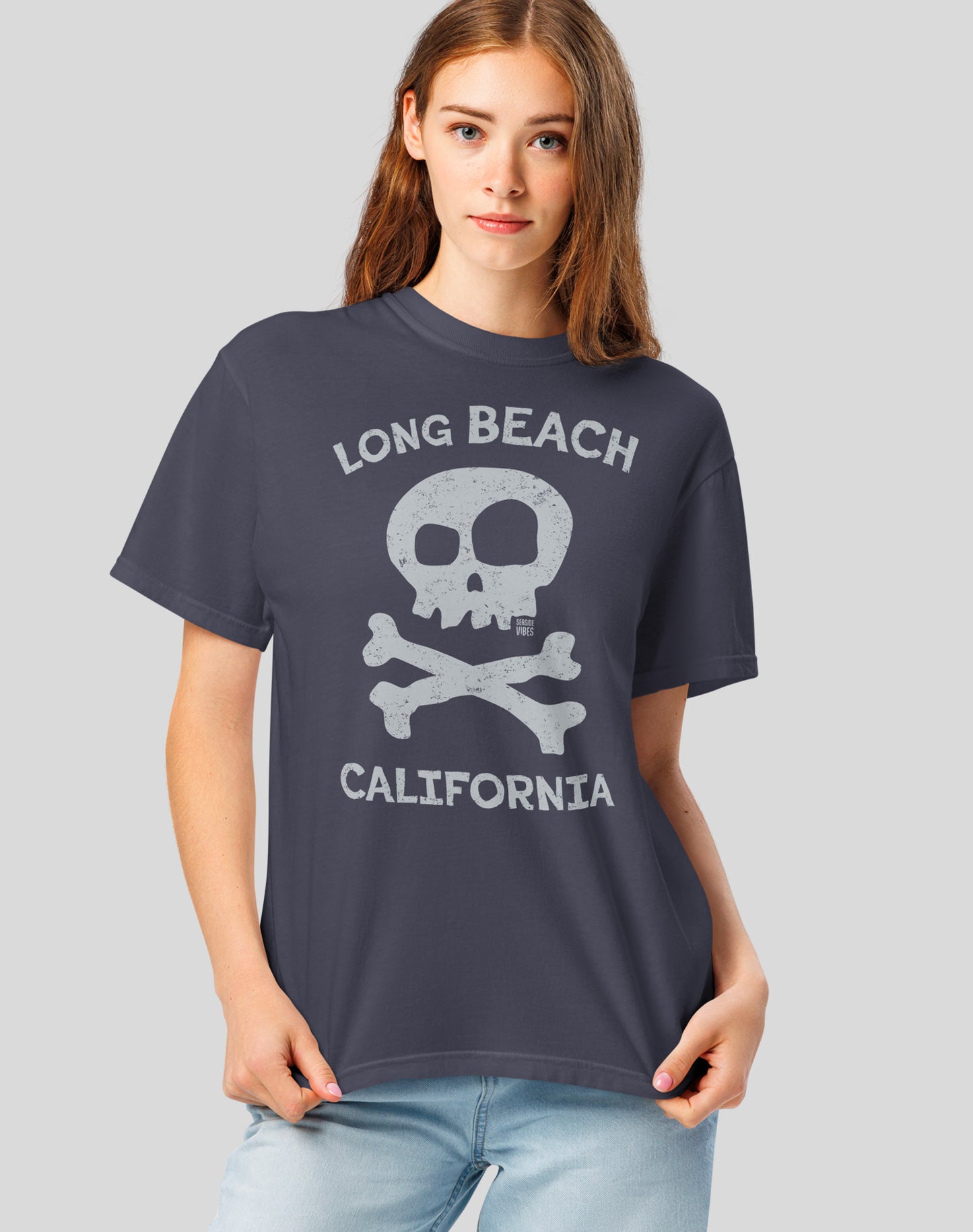 Unisex: Long Beach Skull & Bones Tee - 100% Cotton | Navy