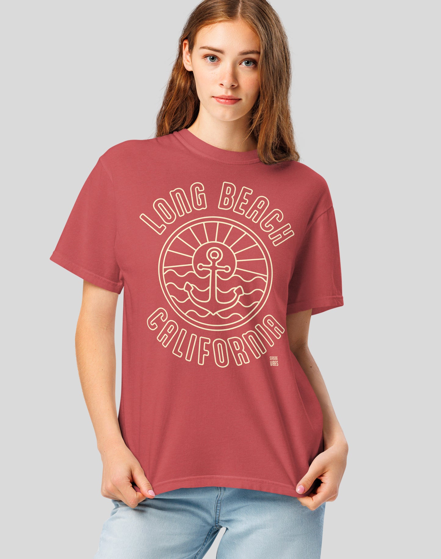 Unisex: Long Beach Anchor Tee - 100% Cotton | Crimson