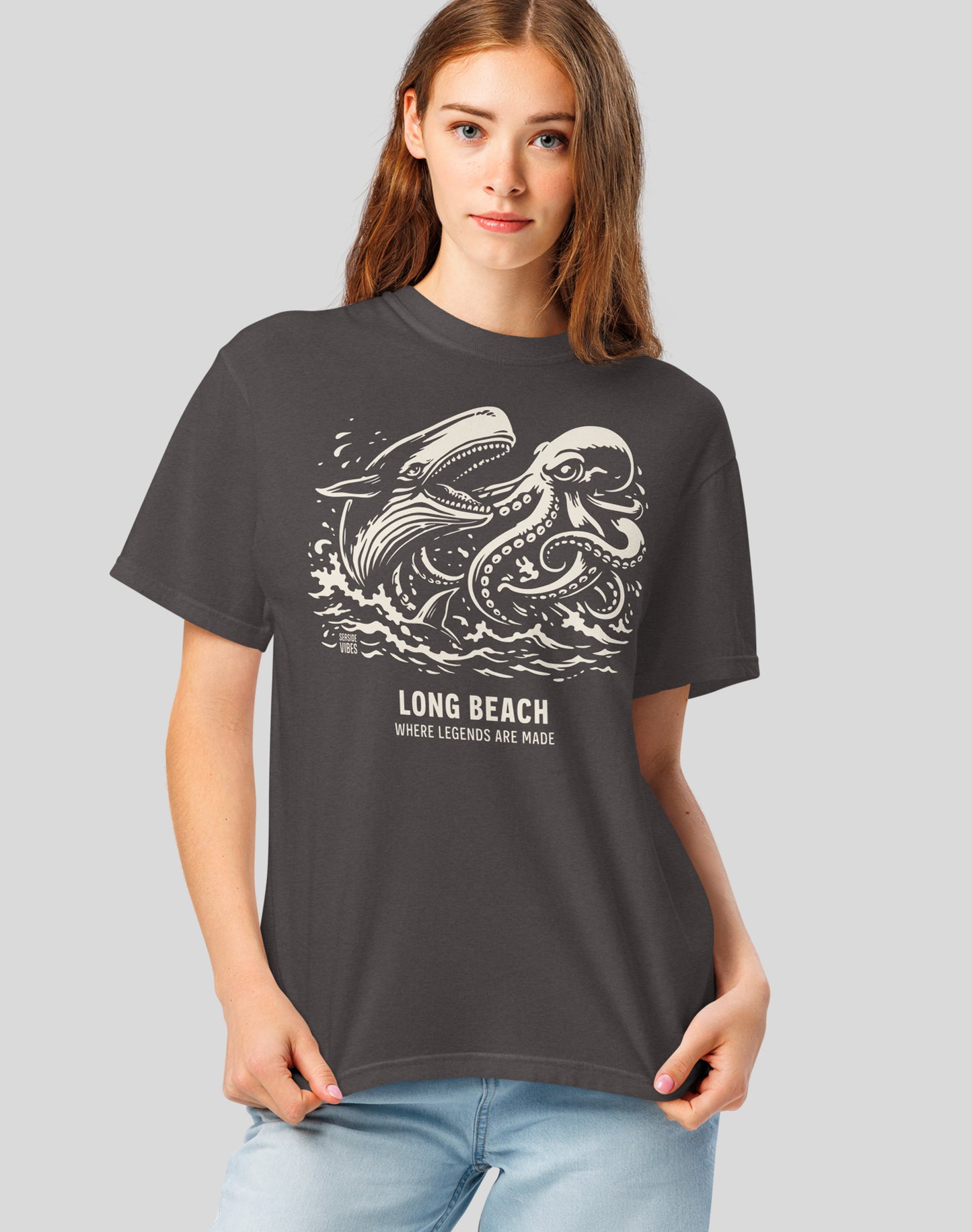 Unisex: Long Beach Octopus vs Whale Legends Tee - 100% Cotton | Graphite