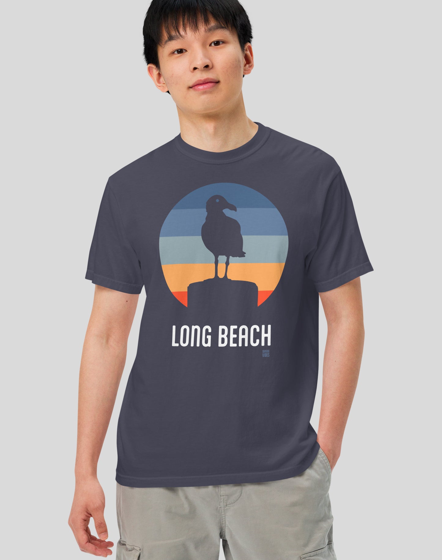 Unisex: Long Beach Seagull Sunset Tee - 100% Cotton | Navy