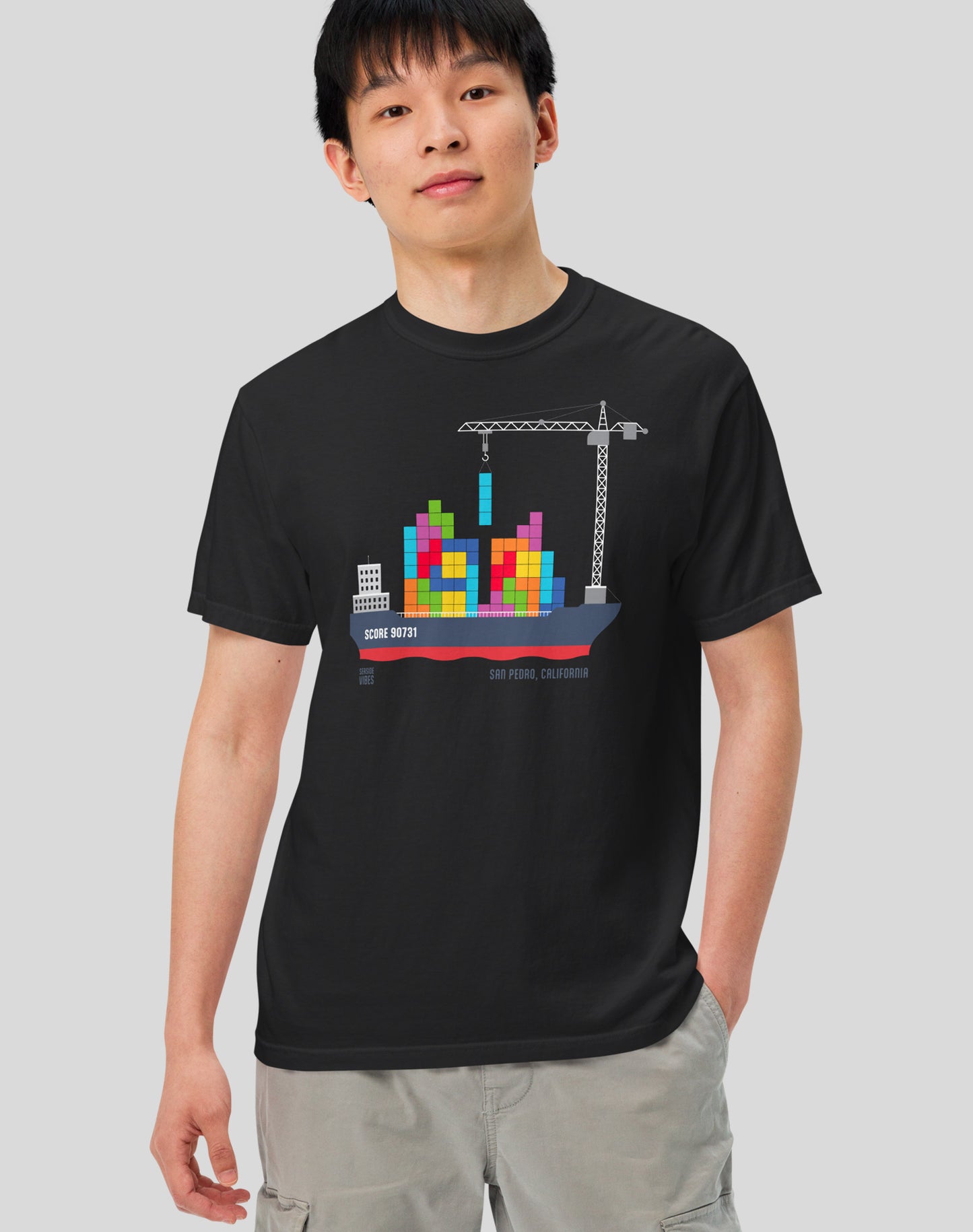 Unisex: Long Beach Tetris Container Ship Tee - 100% Cotton | Black