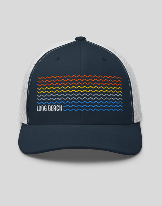 Long Beach Sunset Wave Trucker Hat | Navy/White