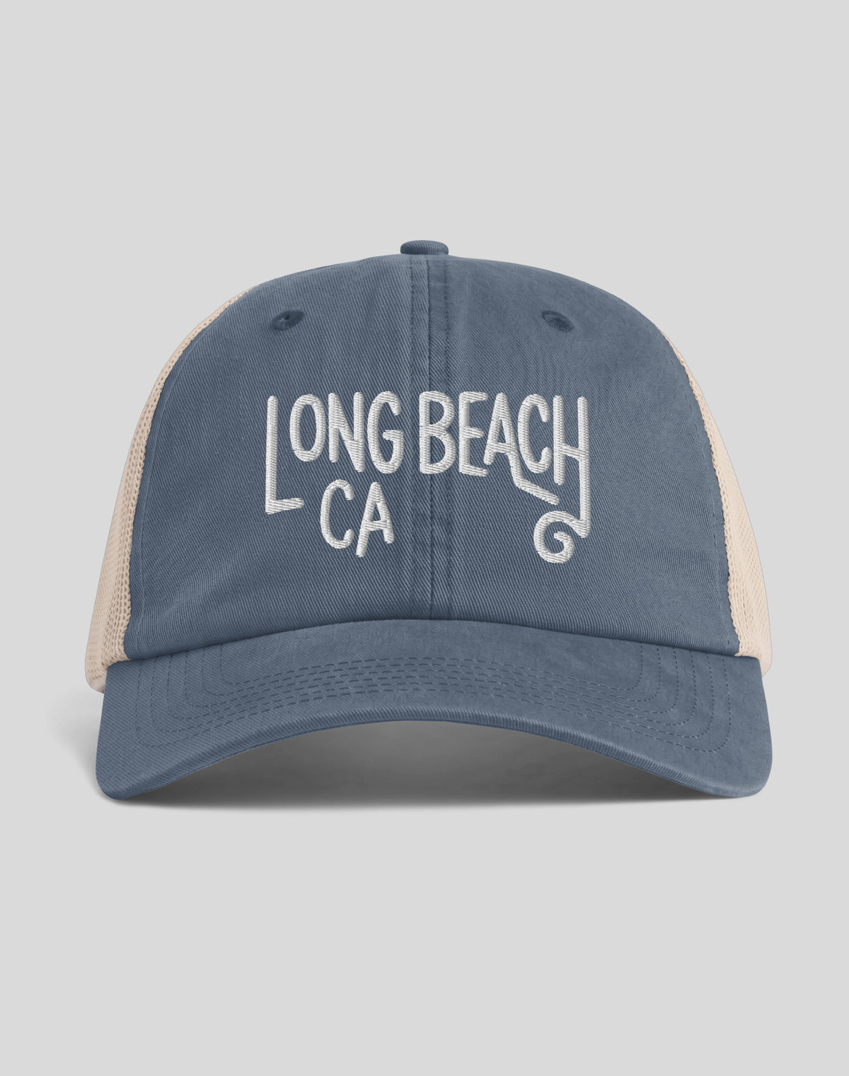 Long Beach Swirl Sunwashed Trucker Hat | Denim/Tan